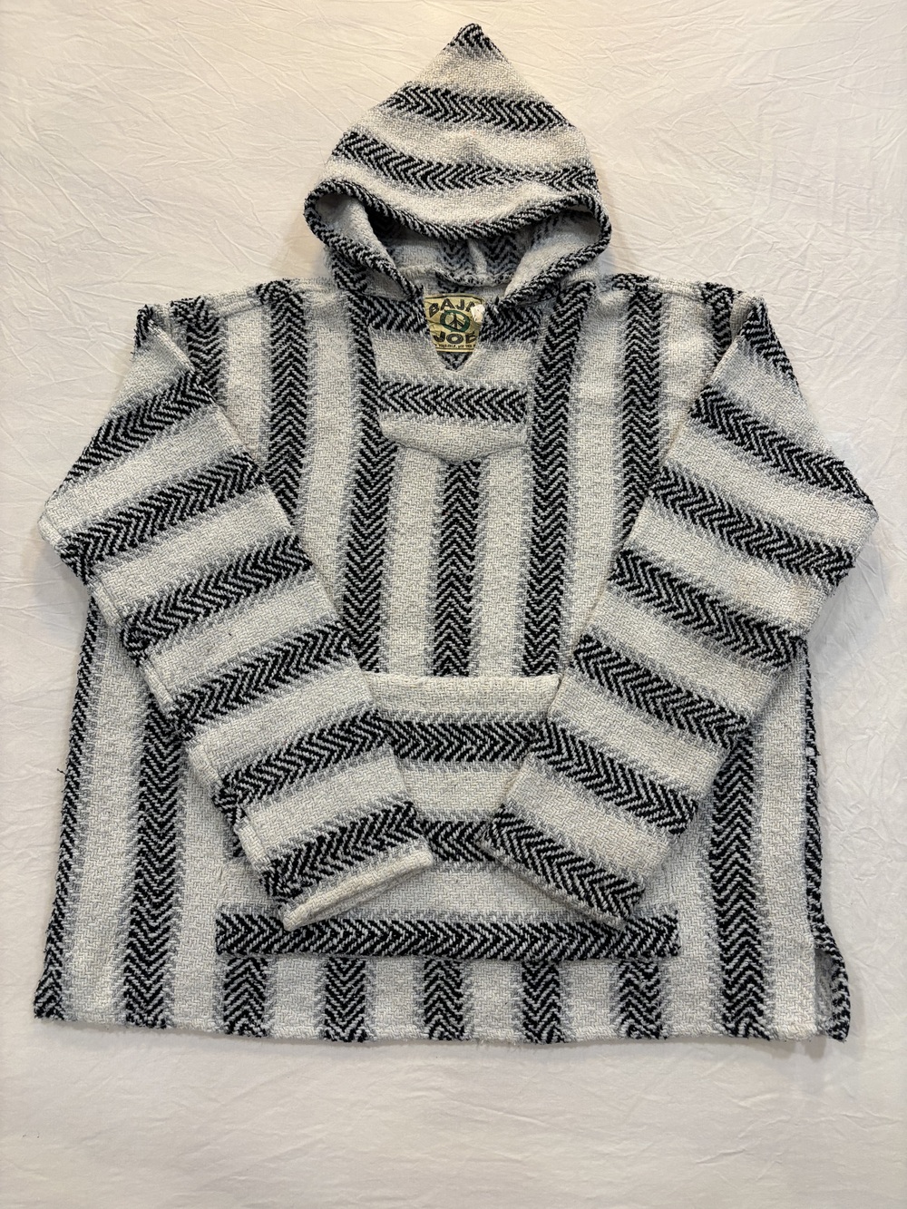 Baja Joe Mexican Hoodie Men's Grey White Striped Pullover Poncho Size L 90s